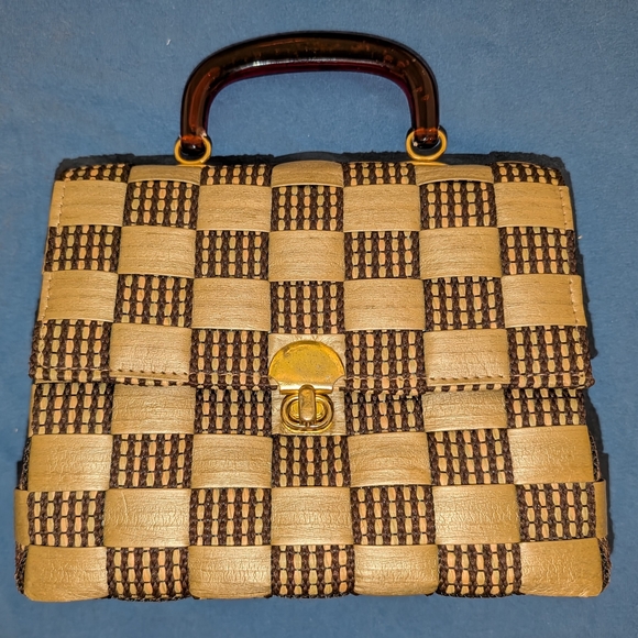Vintage Handbags - Woven Two-Tone Top-Handle Women’s Bag in Tan and Brown
